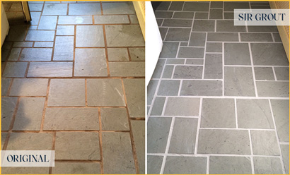 Slate Tiles Floor Before and After Cracked Grout Repair