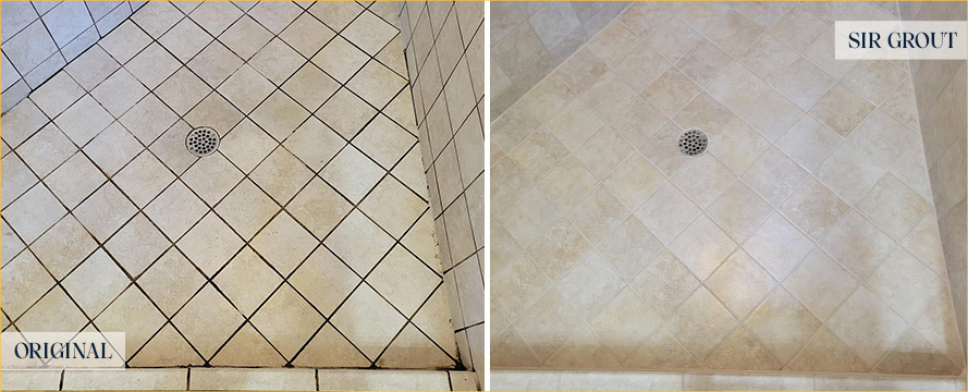 Shower Floor Before and After a Service from Our Tile and Grout Cleaners in Phoenix