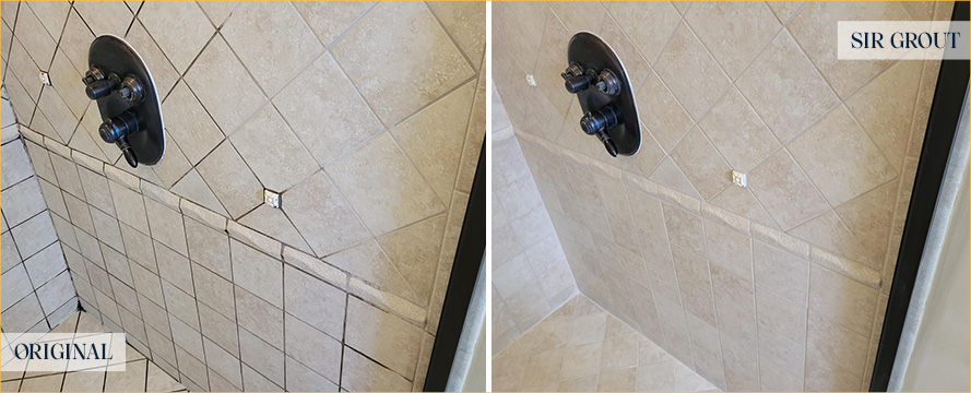 Shower Wall Before and After a Service from Our Tile and Grout Cleaners in Phoenix