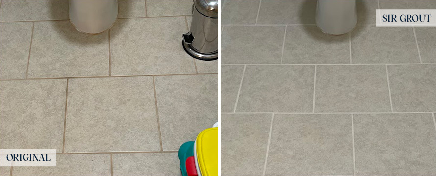 Bathroom Floor Before and After a Grout Recoloring in Mesa, AZ