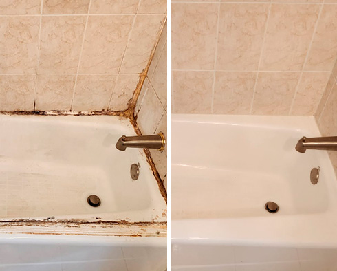 Shower Walls and Tub Before and After a Service from Our Tile and Grout Cleaners in Scottsdale