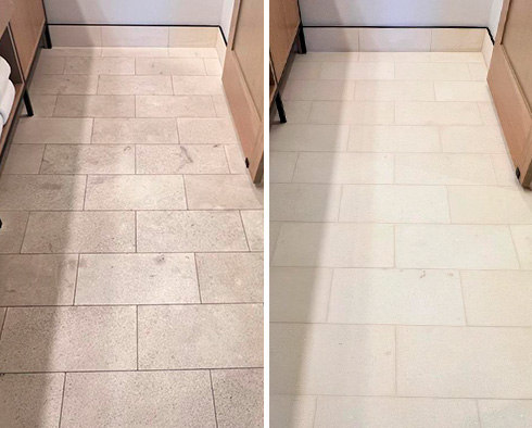 Restroom Floor Before and After a Service from Our Tile and Grout Cleaners in Phoenix