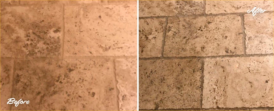 Travertine Floor Before and After a Grout Recoloring Service in Phoenix, AZ